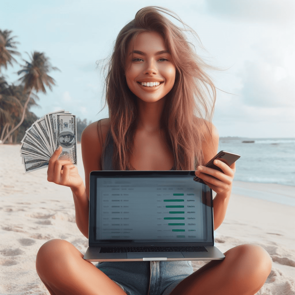 Girl on on beach with money earned using her Sales Funnel Builder