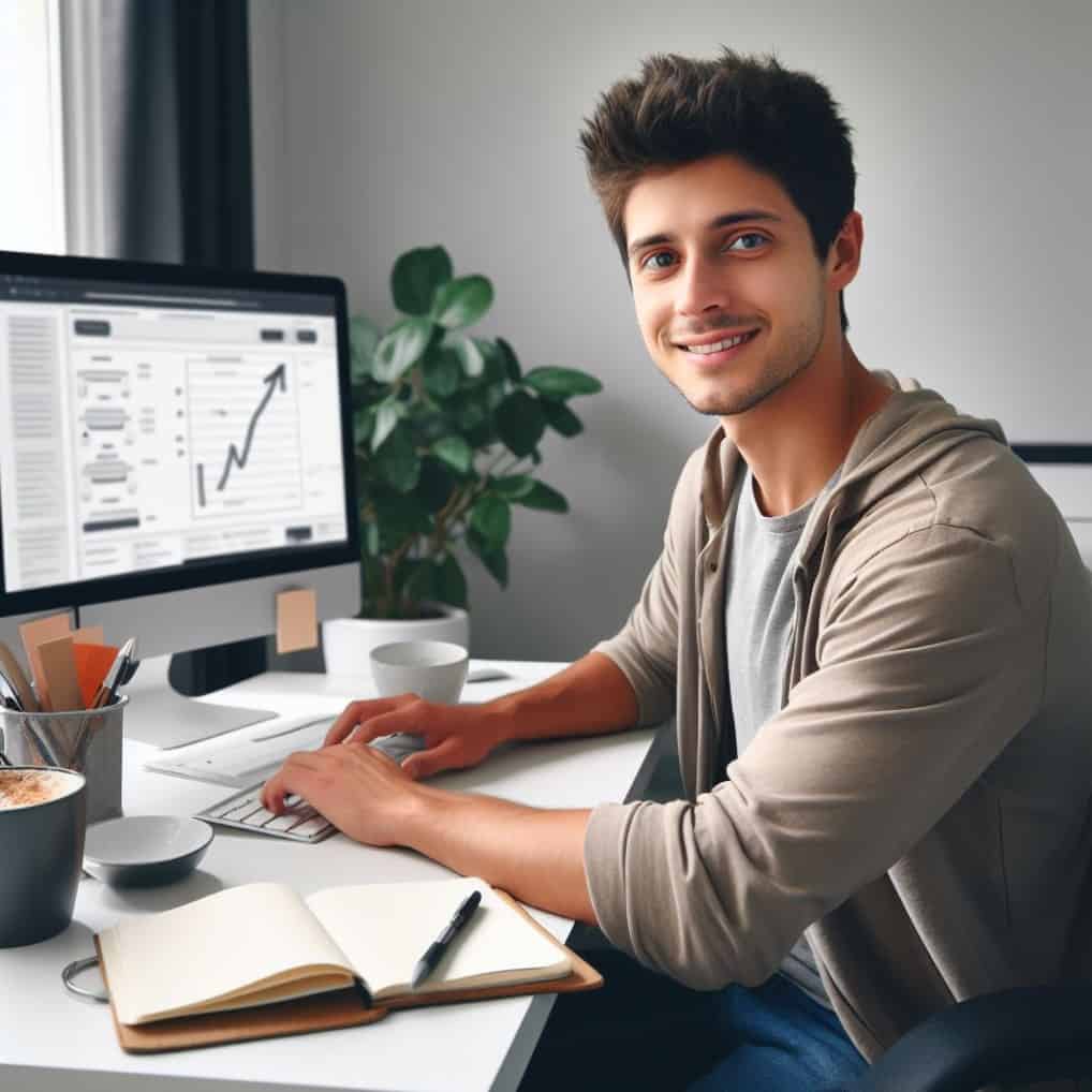Man working with a Sales Funnel Builder on Desktop